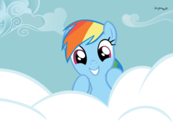 Size: 1052x744 | Tagged: safe, artist:thumperlikestoast, rainbow dash, friendship is magic, g4, cloud, cute, dashabetes, female, grin, smiling, solo