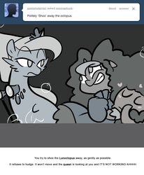 Size: 666x809 | Tagged: safe, artist:egophiliac, princess luna, oc, oc:serenitatis, octopus, sea pony, moonstuck, g4, binoculars, filly, lunoctopus, monochrome, opera glasses, poseidon's peruke, unamused, woona, younger