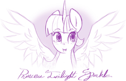 Size: 800x515 | Tagged: safe, artist:eindev, twilight sparkle, alicorn, pony, g4, :d, blushing, bust, caption, colored pupils, female, monochrome, simple background, solo, spread wings, twilight sparkle (alicorn), white background