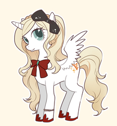 Size: 434x468 | Tagged: safe, artist:牛【仕事募集中】, alicorn, pony, bow, danganronpa, danganronpa 2, female, hair bow, mare, pixiv, ponified, simple background, smiling, solo, sonia nevermind, spread wings, wings