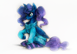 Size: 1188x844 | Tagged: safe, artist:buttersprinkle, princess luna, g4, alternate hairstyle, clothes, cute, female, looking down, lunabetes, oversized clothes, pigtails, simple background, sitting, socks, solo, striped socks, sweater, traditional art, white background