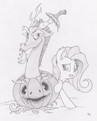 Size: 801x1000 | Tagged: safe, artist:dfectivedvice, discord, fluttershy, g4, duo, food, grayscale, halloween, jack-o-lantern, monochrome, pumpkin