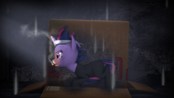Size: 3840x2160 | Tagged: safe, artist:imafutureguitarhero, twilight sparkle, pony, unicorn, g4, 3d, box trot, cigar, female, future twilight, high res, horn, mare, messy hair, messy mane, metal gear solid, multicolored hair, multicolored mane, multicolored tail, rain, smoke, smoking, sneaking, solid sparkle, solo, source filmmaker