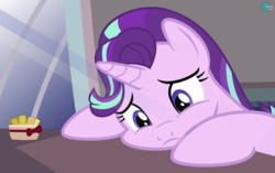 Size: 2565x1610 | Tagged: safe, artist:arifproject, starlight glimmer, pony, g4, boutique depression, exotic butters, female, five nights at freddy's: sister location, looking down, sad, solo, squishy cheeks, unhappy