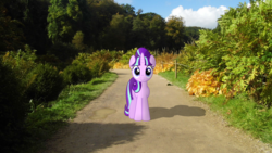 Size: 1920x1080 | Tagged: safe, artist:harvydraws, starlight glimmer, g4, exploring, forest, hiking, irl, path, photo, photoshop, ponies in real life, smiling, solo, vector, walking