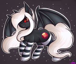 Size: 2696x2267 | Tagged: safe, artist:ashee, oc, oc only, oc:midnight ruby, bat pony, pony, blushing, clothes, fangs, high res, red eyes, socks, solo, spread wings, striped socks