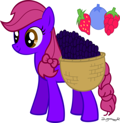 Size: 1596x1628 | Tagged: safe, artist:thumperlikestoast, oc, oc only, oc:berry bumpkin, basket, blueberry, food, saddle basket, solo