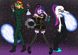 Size: 1754x1240 | Tagged: safe, alternate version, artist:linedraweer, sci-twi, sunset shimmer, twilight sparkle, oc, oc:mez-mare-a, equestria girls, g4, clothes, commission, costume, halloween, scientist, spider-gwen, twolight