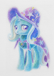 Size: 600x843 | Tagged: safe, artist:maytee, trixie, pony, unicorn, g4, female, mare, solo, traditional art, trixie's cape, trixie's hat, watercolor painting