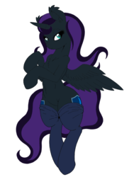 Size: 1094x1500 | Tagged: safe, artist:dfectivedvice, edit, oc, oc only, oc:nyx, alicorn, pony, alicorn oc, both cutie marks, chest fluff, clothes, ear fluff, on back, simple background, socks, solo, spread wings, transparent background