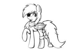 Size: 1939x1290 | Tagged: safe, artist:ailynd, derpy hooves, pegasus, pony, g4, clothes, eyepatch, female, hoof boots, mare, monochrome, raised hoof, scarf, simple background, solo