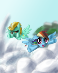 Size: 1500x1900 | Tagged: safe, artist:phendyl, lightning dust, rainbow dash, g4, flying, friendship