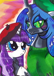 Size: 515x714 | Tagged: safe, artist:aurora-chiaro, queen chrysalis, rarity, changeling, changeling queen, pony, unicorn, g4, beatnik rarity, beret, clothes, female, hat, sweater, traditional art