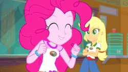 Size: 640x360 | Tagged: safe, screencap, applejack, pinkie pie, equestria girls, g4, my little pony equestria girls: legend of everfree, animated, beautiful, blonde, bouncing, cute, diapinkes, female, gif, hatless, missing accessory