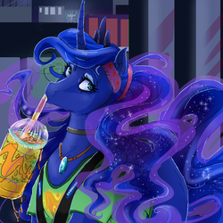 Size: 950x950 | Tagged: safe, artist:chocolateponi, princess luna, g4, 7-eleven, alternate hairstyle, chest fluff, choker, clothes, ear fluff, female, jewelry, necklace, ponytail, slurpee, solo, t-shirt