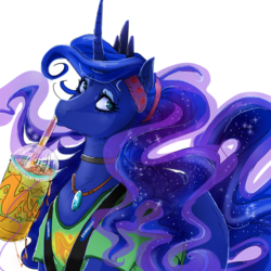 Size: 950x950 | Tagged: safe, alternate version, artist:chocolateponi, princess luna, g4, 7-eleven, alternate hairstyle, chest fluff, choker, chokerluna, clothes, ear fluff, female, jewelry, necklace, ponytail, simple background, slurpee, solo, t-shirt, transparent background