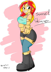 Size: 2480x3507 | Tagged: safe, artist:vermilion slap, sunset shimmer, equestria girls, g4, armlet, belly button, boots, bracelet, breasts, busty sunset shimmer, clothes, devil horn (gesture), female, high res, jewelry, shorts, socks, solo, thigh highs, torn clothes, wide hips