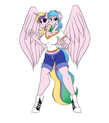 Size: 2042x2289 | Tagged: safe, artist:vladiverse, oc, oc only, oc:double mind, oc:power plant, anthro, unguligrade anthro, breasts, cleavage, clothes, conjoined, conjoined twins, female, half alicorn half pegasus, high res, midriff, multiple heads, short shirt, shorts, simple background, sisters, two heads, white background