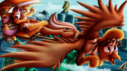 Size: 1280x720 | Tagged: safe, artist:jamescorck, applejack, rarity, oc, oc:silver quill, classical hippogriff, hippogriff, g4, made in manehattan, manehattan, taxi