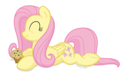Size: 1024x629 | Tagged: safe, artist:littlehybridshila, fluttershy, g4, cute, eating, eyes closed, female, food, muffin, prone, shyabetes, simple background, solo, transparent background