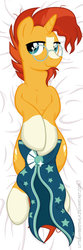 Size: 400x1200 | Tagged: safe, artist:littlehybridshila, sunburst, pony, unicorn, g4, adorasexy, bedroom eyes, body pillow, body pillow design, cape, clothes, covering, cute, glasses, looking at you, male, on back, robe, sexy, smiling, solo, stallion, stupid sexy sunburst, sunburst's cloak, topless