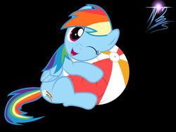 Size: 1032x774 | Tagged: safe, artist:nightmaremoons, rainbow dash, pegasus, pony, g4, ball, beach ball, black background, cute, dashabetes, female, one eye closed, show accurate, simple background, solo, wink