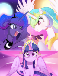 Size: 500x650 | Tagged: safe, artist:coltsteelstallion, princess celestia, princess luna, twilight sparkle, alicorn, pony, g4, angry, big crown thingy, day, jewelry, looking at each other, looking up, moon, night, open mouth, regalia, spread wings, stars, sun, sun vs moon, twilight sparkle (alicorn)