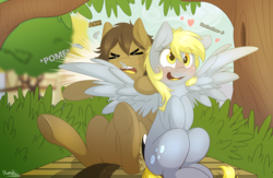 Size: 1280x832 | Tagged: safe, artist:fluffyxai, derpy hooves, oc, oc:spirit wind, pegasus, pony, g4, blushing, bush, canon x oc, cute, derpabetes, duo, female, forest, heart, laughing, leaning back, male, mare, pomf, ponyville, shipping, sitting, straight, wingboner, wings