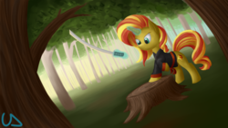 Size: 3840x2160 | Tagged: safe, artist:uber-dragon, sunset shimmer, pony, unicorn, g4, clothes, female, forest, high res, jacket, katana, magic, practice, solo, sword, telekinesis, tree stump, weapon