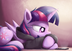 Size: 2700x1900 | Tagged: safe, artist:bugplayer, twilight sparkle, alicorn, pony, g4, bored, clothes, crossed hooves, cute, earbuds, female, gradient background, high res, hoodie, ipod, lidded eyes, listening, looking down, lying down, mare, mp3 player, music, prone, purple background, simple background, solo, twiabetes, twilight sparkle (alicorn)