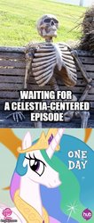 Size: 298x701 | Tagged: safe, edit, edited screencap, screencap, princess celestia, g4, bench, bone, hub logo, image macro, impact font, meme, meta, skeleton