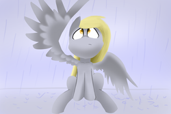 Size: 5400x3600 | Tagged: safe, derpy hooves, pegasus, pony, g4, colored pupils, female, frown, gray background, looking up, rain, simple background, sitting, solo, spread wings, underp, wings