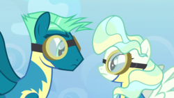 Size: 1920x1080 | Tagged: safe, screencap, sky stinger, vapor trail, pegasus, pony, g4, top bolt, clothes, duo, female, goggles, looking at each other, male, mare, stallion, uniform, wonderbolt trainee uniform