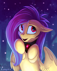 Size: 1645x2061 | Tagged: safe, artist:rublegun, fluttershy, bat pony, firefly (insect), pony, cute, ear fluff, fangs, female, floppy ears, flutterbat, forest, hooves to the chest, jewelry, looking at you, looking up, necklace, night, night sky, open mouth, red eyes, scenery, shyabates, shyabetes, solo, spread wings, tree