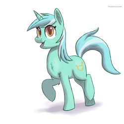 Size: 1500x1500 | Tagged: dead source, safe, artist:hypno, lyra heartstrings, pony, unicorn, g4, chest fluff, colored pupils, colored sketch, ear fluff, female, looking at you, open mouth, raised hoof, raised leg, shadow, simple background, smiling, solo, walking, white background