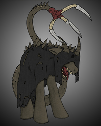 Size: 1000x1250 | Tagged: safe, oc, oc only, earth pony, monster pony, pony, claw, cloak, clothes, cult of void, freak, horns, monster, mutant, sharp teeth, solo, spikes, symbol, ugly