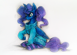 Size: 1188x844 | Tagged: safe, artist:buttersprinkle, princess luna, g4, alternate hairstyle, clothes, cute, female, lunabetes, pigtails, simple background, socks, solo, striped socks, sweater, traditional art