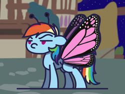 Size: 1280x960 | Tagged: safe, artist:flutterluv, rainbow dash, butterfly, pony, g4, butterfly wings, clothes, costume, female, halloween, nightmare night, nightmare night costume, no catchlights, no pupils, rainbow dash is not amused, shadow, solo