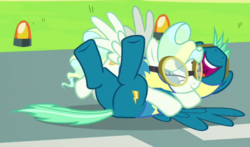 Size: 564x331 | Tagged: safe, screencap, sky stinger, vapor trail, pegasus, pony, g4, top bolt, butt, cropped, cute, eyes closed, female, glomp, goggles, hug, legs in air, male, mare, nose in the air, on back, open mouth, out of context, plot, shipping fuel, smiling, spread wings, stallion, uvula, volumetric mouth, wonderbolt trainee uniform