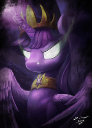 Size: 3412x4700 | Tagged: safe, artist:zilvart, twilight sparkle, alicorn, pony, g4, absurd resolution, crown, dark magic, element of magic, evil, evil smile, female, glowing eyes, jewelry, necklace, peytral, queen, queen twilight, regalia, signature, solo, sombra eyes, tiara, twilight sparkle (alicorn), tyrant sparkle
