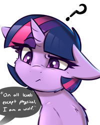 Size: 1200x1500 | Tagged: safe, artist:captainpudgemuffin, twilight sparkle, alicorn, pony, g4, bust, cheek fluff, chest fluff, colored pupils, confused, cute, dialogue, female, floppy ears, fluffy, frown, looking at something, meme, offscreen character, on all levels except physical, portrait, question mark, raised eyebrow, simple background, solo, speech bubble, twiabetes, twilight sparkle (alicorn), white background