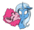 Size: 1103x997 | Tagged: safe, artist:saphi-boo, edit, pinkie pie, trixie, pony, unicorn, g4, bust, cheek fluff, chest fluff, cropped, curved horn, ear fluff, eyes closed, female, floppy ears, fluffy, horn, lesbian, licking, mare, portrait, scrunchy face, ship:trixiepie, shipping, simple background, smiling, tongue out, transparent background, wide eyes
