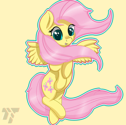 Size: 2733x2703 | Tagged: safe, artist:nexcoyotlgt, fluttershy, g4, female, high res, looking at you, open mouth, simple background, solo, spread wings, windswept hair, windswept mane