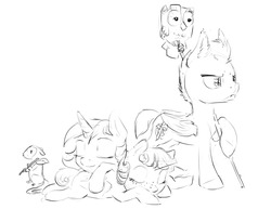 Size: 1280x989 | Tagged: safe, artist:silfoe, owlowiscious, tiberius, oc, oc:eventide glisten, oc:pterus, oc:twilight dapple, alicorn, bat pony, pony, other royal book, royal sketchbook, g4, adopted offspring, alicorn oc, black and white, grayscale, magical lesbian spawn, monochrome, offspring, parent:princess luna, parent:twilight sparkle, parents:twiluna, pony pile, simple background, sketch, sleeping, white background
