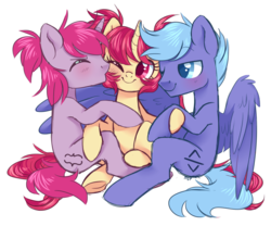 Size: 2887x2407 | Tagged: safe, artist:hawthornss, oc, oc only, oc:code sign, oc:seren song, oc:spikefire, pegasus, pony, unicorn, blushing, cheek kiss, cute, eyes closed, high res, hug, kissing, one eye closed, polyamory, shipping, simple background, sitting, smiling, spread wings, transparent background, winghug, wink