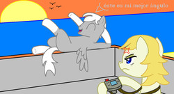 Size: 1374x742 | Tagged: safe, artist:tay-houby, oc, oc only, oc:summerwind, oc:tay, pegasus, pony, beach, camera, duo, female, male, sunset
