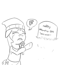Size: 500x500 | Tagged: safe, artist:unsavorydom, oc, oc only, oc:rapper mare, crying, floppy ears, grave, gravestone, implied death, lineart, monochrome, press f to pay respects, solo