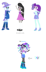 Size: 964x1500 | Tagged: safe, artist:doraemonfan4life, artist:pilkinomma, octavia melody, starlight glimmer, trixie, oc, oc:sally glitterstar, equestria girls, g4, alternate design, armband, boots, bowtie, cape, clothes, evening gloves, female, fingerless elbow gloves, fingerless gloves, four arms, fusion, fusion:octavia melody, fusion:starlight glimmer, fusion:startrixtavia, fusion:trixie, gloves, hat, long gloves, multiple arms, pigtails, shirt, shoes, simple background, skirt, socks, standing, trixie's cape, trixie's hat, vest, white background, zettai ryouiki