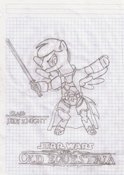 Size: 1424x2016 | Tagged: safe, artist:tay-houby, oc, oc only, oc:tay, pony, bipedal, black and white, graph paper, grayscale, jedi, jedi knight, lightsaber, monochrome, pencil drawing, solo, star wars, star wars: the old republic, title, traditional art, weapon