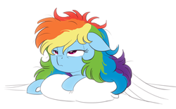 Size: 1055x655 | Tagged: safe, artist:carnifex, rainbow dash, pony, g4, bed mane, blanket, cute, dashabetes, female, floppy ears, lidded eyes, mare, messy mane, morning ponies, pillow, prone, simple background, solo, waking up, white background